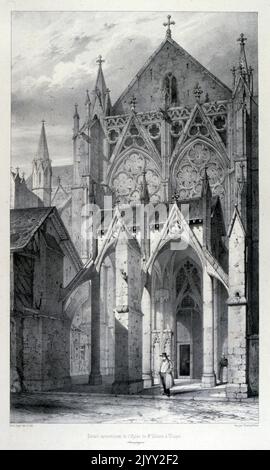 Disegno della Basilica di San Urbano di Troyes (Basilica di San Urbano di Troyes), ex Eglise Saint-Urbain, è una massiccia chiesa medievale nella città di Troyes, in Francia. Era una chiesa collegiale, dotata nel 1262 da Papa Urbano IV E' un classico esempio di architettura gotica di fine '13th. Foto Stock