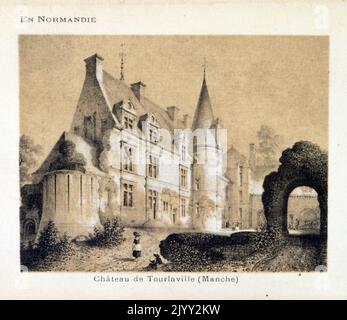 Disegno del castello di Ravalet (Chateau de Tourlaville), è uno stile rinascimentale, castello di scisto blu, costruito tra il 1562 e il 1575, nella città di Cherbourg-en-Cotentin in Normandia, Francia Foto Stock