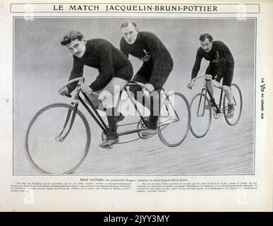 Rene Pottier (1879 - 1907), ciclista francese (a sinistra con baffi); vinse Bordeaux-Parigi nel 1903 prima di trasformarsi in professionista. È arrivato secondo a Parigi-Roubaix 1905 e Bordeaux-Parigi 1905, poi terzo a Parigi-Roubaix del 1906, prima di vincere il Tour de France nel 1906. Foto Stock