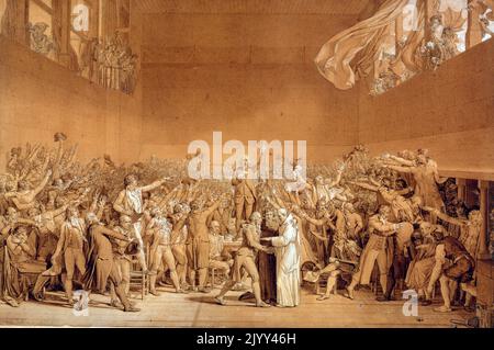 Riunione inaugurale degli Stati generali, 5th maggio 1789. Dipinto di Louis-Charles-Auguste Couder (1789 - 1873). Il generale delle tenute era un'assemblea generale che rappresentava le tenute francesi del regno: Il clero (prima tenuta), la nobiltà (seconda tenuta) e i comuni (terza tenuta). Convocata dal re Luigi XVI, fu portata a termine quando la terza tenuta si formò in un'assemblea nazionale, invitando gli altri due a unirsi, contro i desideri del re. Questo segnala lo scoppio della Rivoluzione francese. Foto Stock