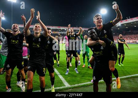 Il Siebe Van Der Heyden di Union, il Senne Lynen di Union, il Victor Boniface di Union e il Dennis Eckert Ayensa di Union festeggiano dopo aver vinto una partita tra il FC Union Berlin e la squadra di calcio belga Royale Union Saint-Gilloise, giovedì 08 settembre 2022 a Berlino, Il primo gioco su sei nella fase di gruppo del concorso UEFA Europa League. FOTO DI BELGA LAURIE DIEFFEMBACQ Foto Stock