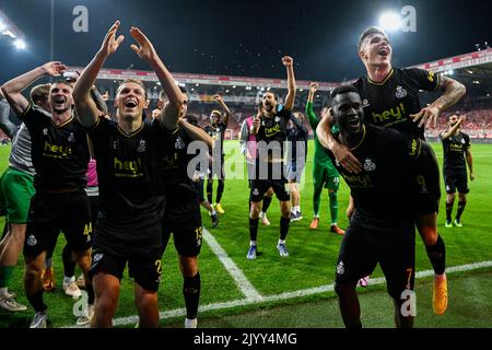 Il Siebe Van Der Heyden di Union, il Senne Lynen di Union, il Victor Boniface di Union e il Dennis Eckert Ayensa di Union festeggiano dopo aver vinto una partita tra il FC Union Berlin e la squadra di calcio belga Royale Union Saint-Gilloise, giovedì 08 settembre 2022 a Berlino, Il primo gioco su sei nella fase di gruppo del concorso UEFA Europa League. FOTO DI BELGA LAURIE DIEFFEMBACQ Foto Stock