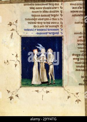 Illustrazione delle Poesie di Guillaume de Machaut (1300 - 1377), poeta e compositore francese medievale. È considerato da molti musicologi come il più grande e più importante compositore del 14th ° secolo. La poesia di Machaut fu molto ammirata e imitata da altri poeti, tra cui Geoffrey Chaucer. Foto Stock