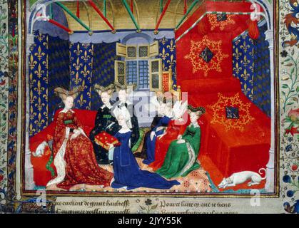 Miniatura dipinta dal Maestro della Cite des Dames. Mostra Christine de Pisan presentando il suo libro alla regina Isabeau di Baviera. Miniatura illuminata dal Libro della Regina (varie opere di Christine de Pizan), BL Harley 4431. Circa 1410 - 1414 Foto Stock