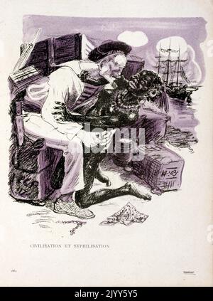 Illustrazione satirica dalla rivista l'Assiette au Beurre; i Colonison! Serie; 'Civilization and Syphillization'; un anziano marinaio bianco abbraccia una donna nera su una nave. Foto Stock