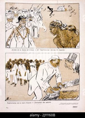 Illustrazione satirica dalla rivista l'Assiette au Beurre; i Colonison! Serie; criticare la disuguaglianza retributiva per i soggetti coloniali; 'aumento della riduzione dei salari da parte del lavoro' Foto Stock