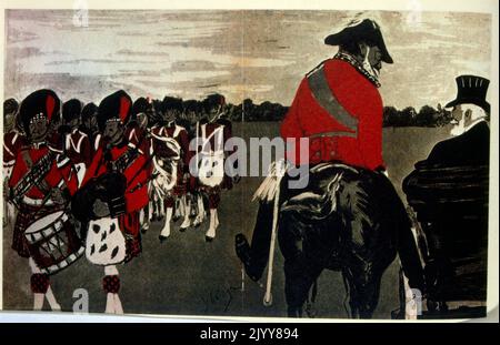 Illustrazione satirica della rivista l'Assiette au Beurre. Colore Illustrazione di una processione scozzese con un uomo in uniforme a cavallo. Foto Stock