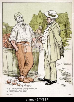 Illustrazione satirica della rivista l'Assiette au Beurre. Disegno a colori di un uomo in piedi davanti al suo barile di mele che parla di venderli per fare sidro. Foto Stock