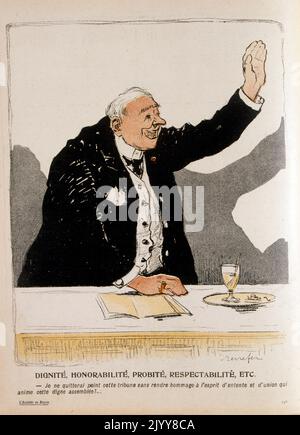 Illustrazione satirica della rivista l'Assiette au Beurre. Disegno colorato di un uomo che alza la mano; disegno intitolato "dignità, onore, probità e rispettabilità, ecc." Foto Stock