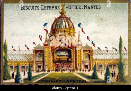 Illustrazione colorata che commemora la mostra del 1889 che mostra il Padiglione Centrale. Prodotto dalla fabbrica di biscotti Lefevre di Nantes. Foto Stock