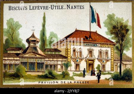 Illustrazione colorata che commemora la Mostra 1889 che mostra il Padiglione Stampa. Prodotto dalla fabbrica di biscotti Lefevre di Nantes. Foto Stock