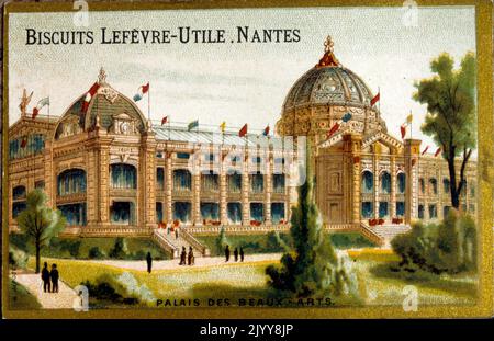 Illustrazione colorata che ricorda la mostra del 1889 che mostra il Palazzo delle Belle Arti prodotto dalla fabbrica di biscotti Lefevre di Nantes. Foto Stock