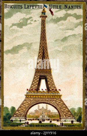 Illustrazione colorata che commemora la mostra del 1889 che mostra la Torre Eiffel. Prodotto dalla fabbrica di biscotti Lefevre di Nantes. Foto Stock