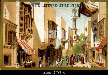 Illustrazione colorata che ricorda la Mostra del 1889 che mostra Rue du Caire. Prodotto dalla fabbrica di biscotti Lefevre di Nantes. Foto Stock