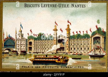 Illustrazione colorata che commemora la mostra del 1889 che mostra il Palazzo dei prodotti alimentari. Prodotto dalla fabbrica di biscotti Lefevre di Nantes. Foto Stock