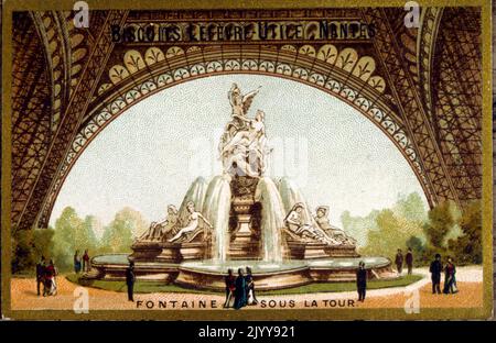 Illustrazione colorata che commemora la mostra del 1889 che mostra la fontana sotto la Torre Eiffel. Prodotto dalla fabbrica di biscotti Lefevre di Nantes. Foto Stock