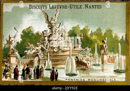Illustrazione colorata che ricorda la mostra del 1889 che mostra la fontana monumentale. Prodotto dalla fabbrica di biscotti Lefevre di Nantes. Foto Stock