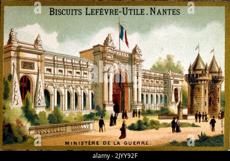 Illustrazione colorata che commemora la mostra del 1889 che mostra il Ministero della guerra. Prodotto dalla fabbrica di biscotti Lefevre di Nantes. Foto Stock