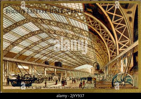 Illustrazione a colori che ricorda la Mostra 1889 che mostra la mostra macchine. Prodotto dalla fabbrica di biscotti Lefevre di Nantes. Foto Stock