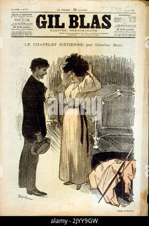 Bianco e nero Illustrazione di una signora e di un Signore in piedi in una camera da letto. Titolo 'le Chapelet d'Etienne' di Charles Bouet. Illustrazione di Steinlen. Del 3 marzo 1905. Foto Stock