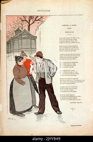 Una poesia con illustrazioni a colori. Due donne vestite come contadini che parlano con un uomo. Il poema è chiamato 'sfruttato' da Aristide Bruant (1851-1925). Foto Stock