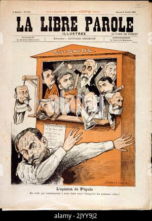 Illustrazione colorata di un Punch and Judy show con teste di burattini di politici dal titolo 'l'opinione della popolazione'. Illustrato da Chanteclair. Del 6 luglio 1895. Foto Stock