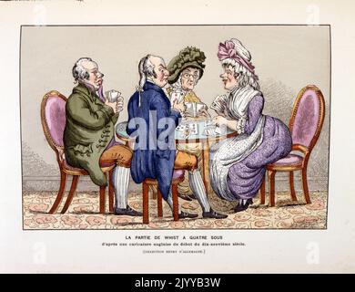 Illustrazione colorata di carte da gioco raffiguranti quattro persone che giocano il whist di gioco di carte, un popolare gioco del 19th ° secolo. Foto Stock