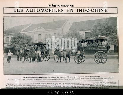 Dalla rivista la vie au Grand Air (Life in the Outdoors); fotografia in bianco e nero di vecchi zoccoli di tappeti a Saigon trasportati da cavalli e cart. Fotografia coloniale a Indochina. Foto Stock