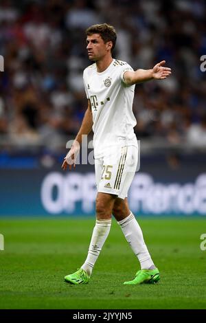 Milano, Italia. 07 settembre 2022. Thomas Muller del Bayern Monaco si è allenato durante la partita di calcio della UEFA Champions League tra il FC Internazionale e il Bayern Monaco. Credit: Nicolò campo/Alamy Live News Foto Stock