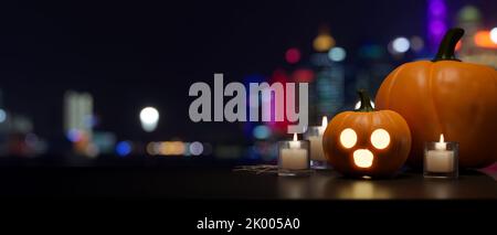 Spazio copia per l'esposizione del prodotto su un tavolo nero con decorazioni di Halloween, lampada di zucca a candele per la notte al buio con luce bokeh sullo sfondo. Halloween Foto Stock