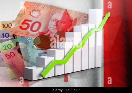 Economy chart: Freccia in aumento, banconote e monete in dollari canadesi e bandiera del Canada (Money, Economy, Business, Finance, Crisis) Foto Stock