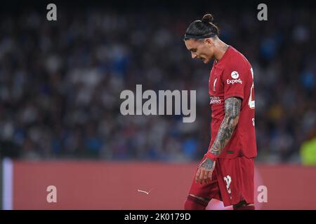 Napoli, Italia. 07th Set, 2022. Darwin Nunez del Liverpool FC sembra essere sconsolato durante la partita della UEFA Champions League tra Napoli e Liverpool allo Stadio Diego Armando Maradona, Napoli, Italia, il 7 settembre 2022. Credit: Giuseppe Maffia/Alamy Live News Foto Stock