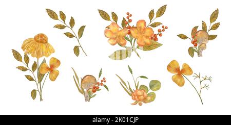 Fiori autunnali. Composizione acquerello di funghi fiori autunnali. Design per cartoline e adesivi. Isolato su sfondo bianco. Foto Stock