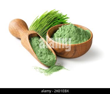 Polvere verde d'erba d'orzo in una ciotola di legno con cucchiaio di wodden e germogli verdi su bianco Foto Stock