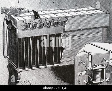 Scheda Hollerith. La casella di ordinamento. Questa macchina, utilizzata per la prima volta nel censimento degli Stati Uniti del 1890, aveva un sistema di memoria a scheda perforata. Da la Nature, Parigi, 1894. Foto Stock