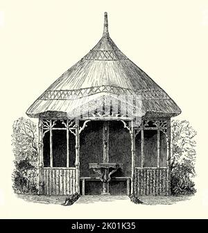 Un'antica incisione vittoriana di un disegno per un rustico, legno, giardino ottagonale Summerhouse con un tetto di paglia. È da un libro di 1890. Il riparo dispone anche di posti a sedere e di un tavolo attaccato al pilastro centrale. Foto Stock