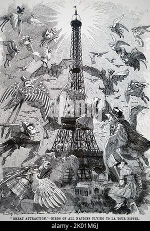 Cartone animato da Punch del 29 giugno 1889 per celebrare la costruzione della Torre Eiffel e l'apertura dell'esposizione Universelle, Parigi, 6 maggio 1889. Foto Stock