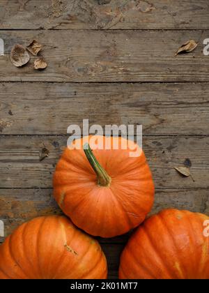 Tre zucche fresche e foglie autunnali su tavolo di legno invecchiato. Foto Stock