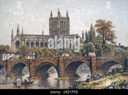 La Cattedrale di Hereford si affaccia sulle rive del fiume Wye. Foto Stock