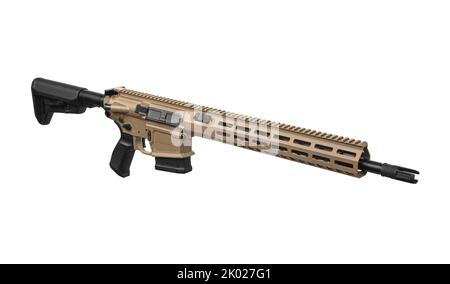 Moderno fucile automatico in color coyote. Armi per la polizia, forze speciali e l'esercito. Carabina automatica con vista meccanica. Fucile d'assalto su wh Foto Stock