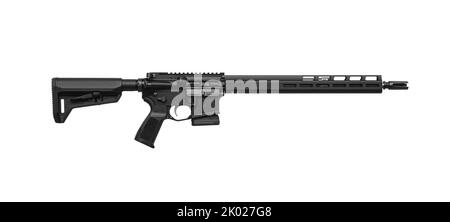 Moderno fucile automatico isolato su sfondo bianco. Armi per la polizia, forze speciali e l'esercito. Carbina automatica. Fucile d'assalto sulla schiena bianca. Foto Stock