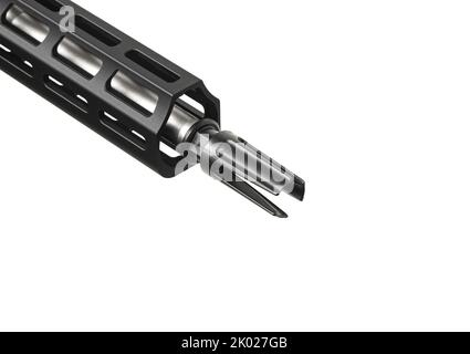Parte del primo piano dell'arma. Moderno fucile automatico isolato su sfondo bianco. Armi per la polizia, forze speciali e l'esercito. Carbina automatica. Foto Stock