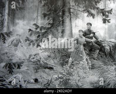 Kim Jeong-Sook proteggere Kim il Sung. Kim Jong-suk (1917 – 1949) è stata una guerriglia coreana anti-giapponese, attivista comunista, prima moglie del leader nordcoreano Kim il-Sung, madre dell'ex leader Kim Jong-il e nonna dell'attuale leader Kim Jong-un. Foto Stock