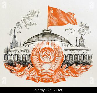 Illustrazione del Cremlino e della bandiera russa sovietica e dell'emblema di stato Foto Stock