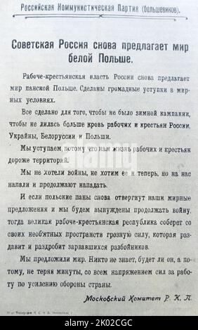 Volantino del Comitato di Mosca del Partito Comunista Russo: La Russia sovietica offre ancora una volta pace alla Polonia Bianca. 1920. &#13;&#10; Foto Stock