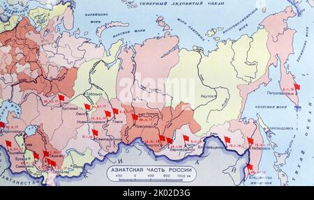 Mappa che mostra le conquiste dei sovieti. Ottobre 1917 - febbraio 1918.&#13;&#10; Foto Stock