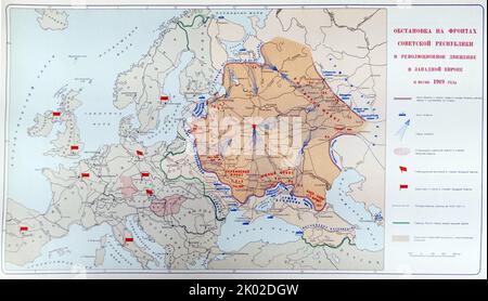 Mappa che mostra la situazione sui fronti della Repubblica sovietica e del movimento rivoluzionario in Europa occidentale entro la primavera del 1919. Foto Stock