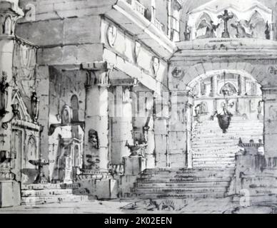 Disegno architettonico di Pietro di Gottardo Gonzaga (1751 - 1831); scenografo teatrale italiano che lavora in Italia e, dal 1792, nell'Impero russo. Foto Stock