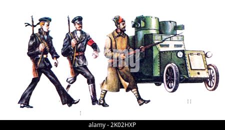 Soldati di guardia rossa e auto blindata 1920 Foto Stock