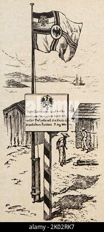 Il primo territorio catturato in Africa sudoccidentale nel 1883-1884 dai commissari del mercante di Brema Luderitz. L'iscrizione sotto l'emblema della Germania indica che il territorio è sotto gli auspici delle truppe tedesche. Foto Stock